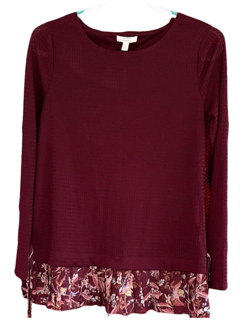 Lauren Conrad Women's Burgundy Floral Hem Top - Picture 1 of 9